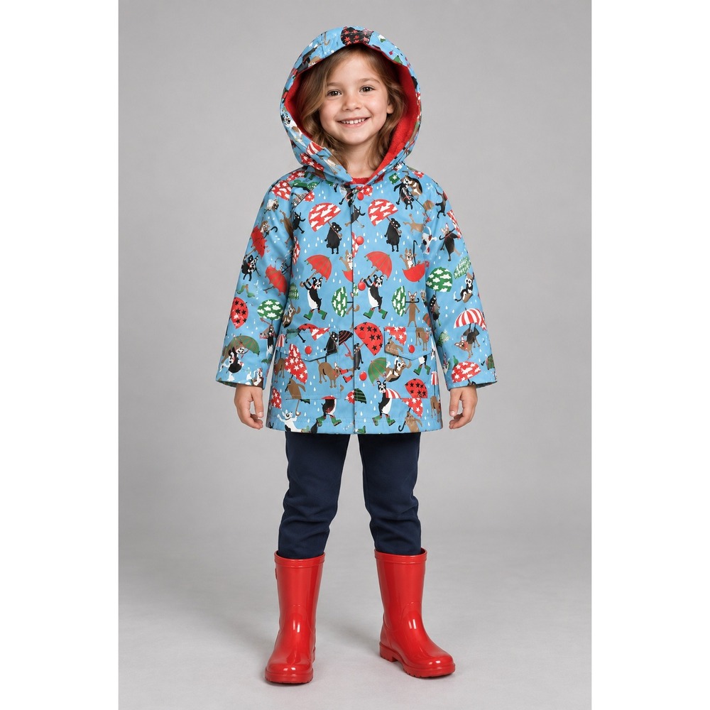 Hatley Blue Dog Umbrella Print Fleece Lined Hooded Rain Jacket Kids Size 5